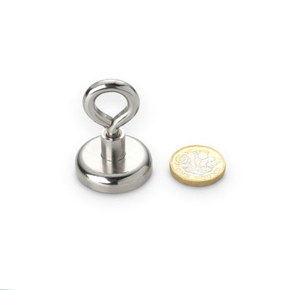 Neodymium Pot Magnet with Eye, 32mm Diameter x 7.8mm, O/H 48.8mm Nickel Plated